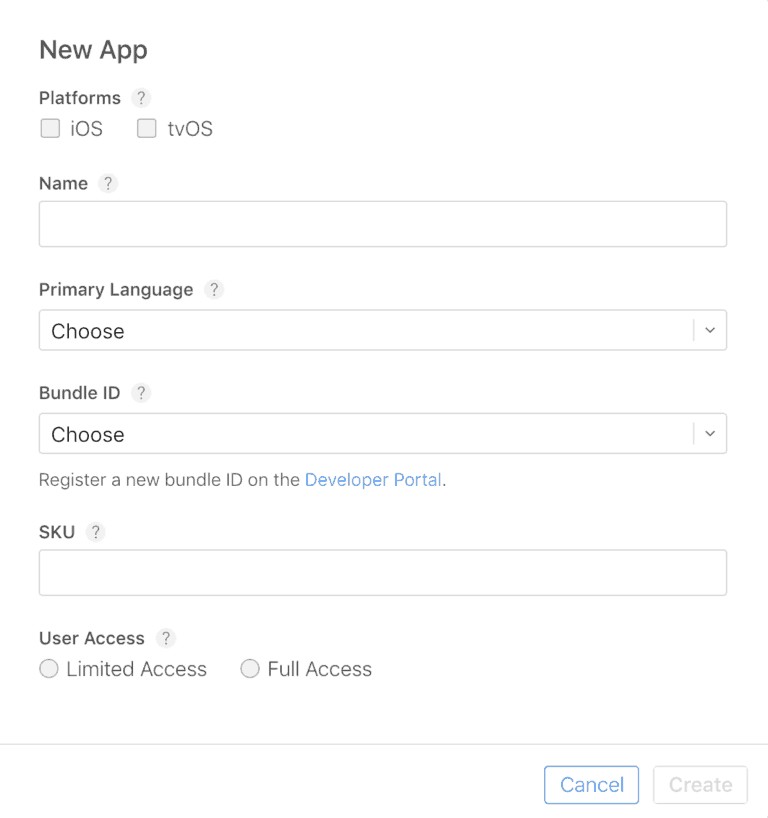 create new app in app store connect